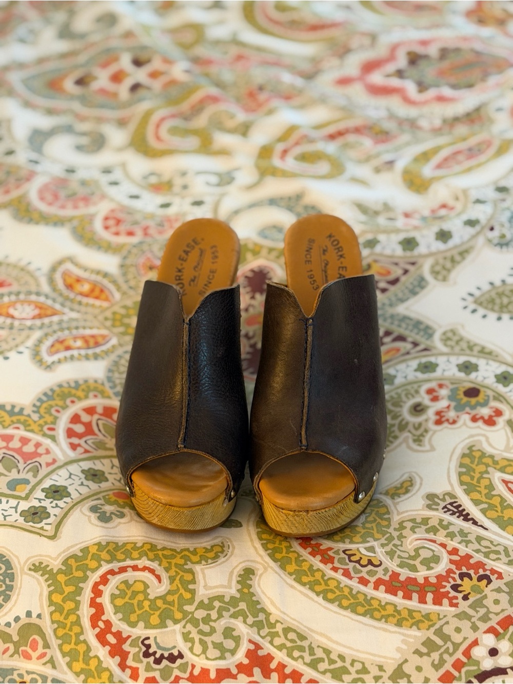 Kork-Ease Navy Leather Open-Toe Wedge Mules